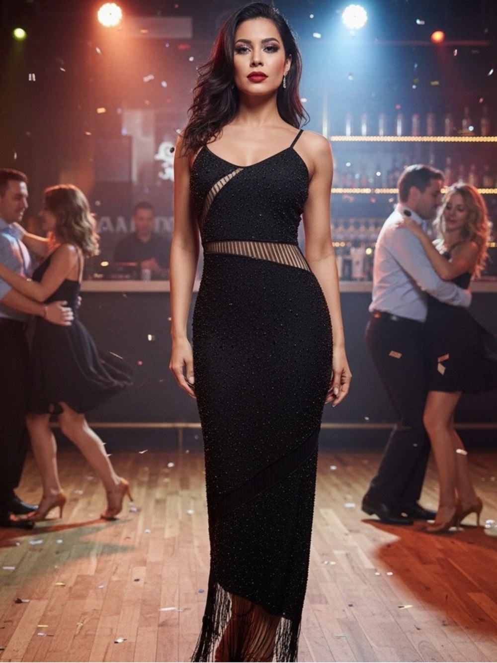 Elegant‎ Black Fringe hand beaded Evening Dress – Attitudes by Debra stretch